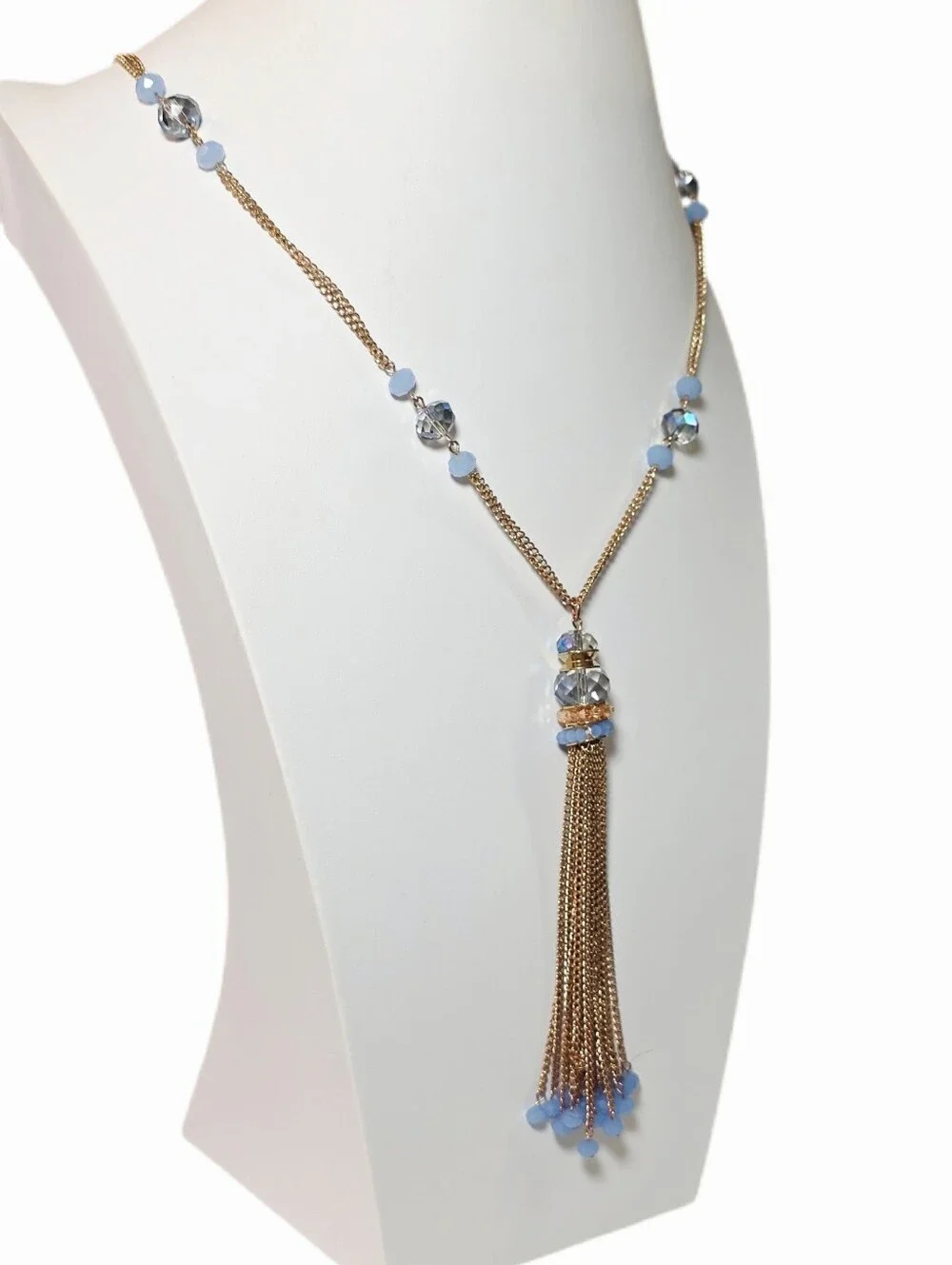 Gold Tassel Pendant Necklace with Periwinkle Blue Beads